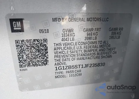 2018 Chevrolet Malibu 1Ls z USA, uszkodzony, nr VIN 1G1ZB5ST1JF235830